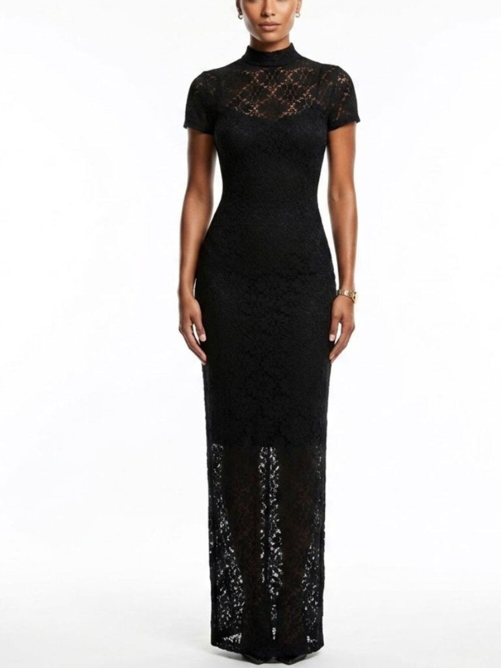 Windsor Black Lace Goth Maxi Dress Mock Neck Short Sleeve Column Gown Large L